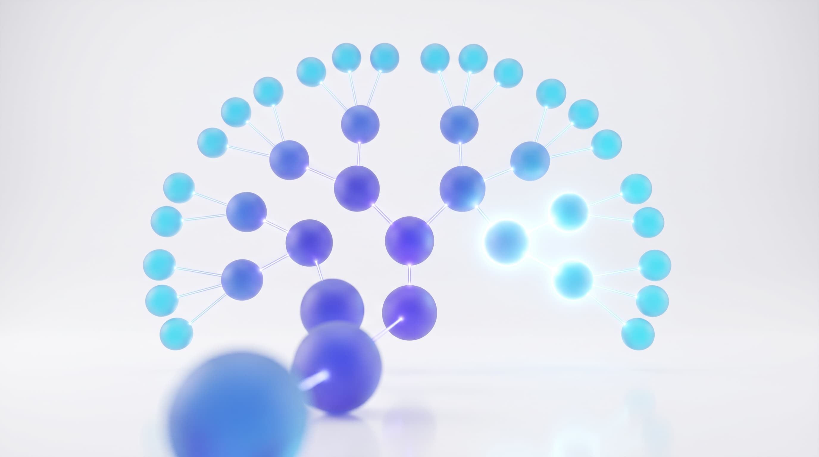 3D visualization of a seven-level network genealogy tree made of glowing glass spheres